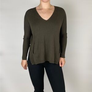 BABATON Linen Wool Blend V Neck Sweater‎ Relaxed Fit Green Pocket